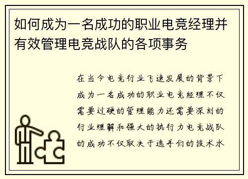 如何成为一名成功的职业电竞经理并有效管理电竞战队的各项事务